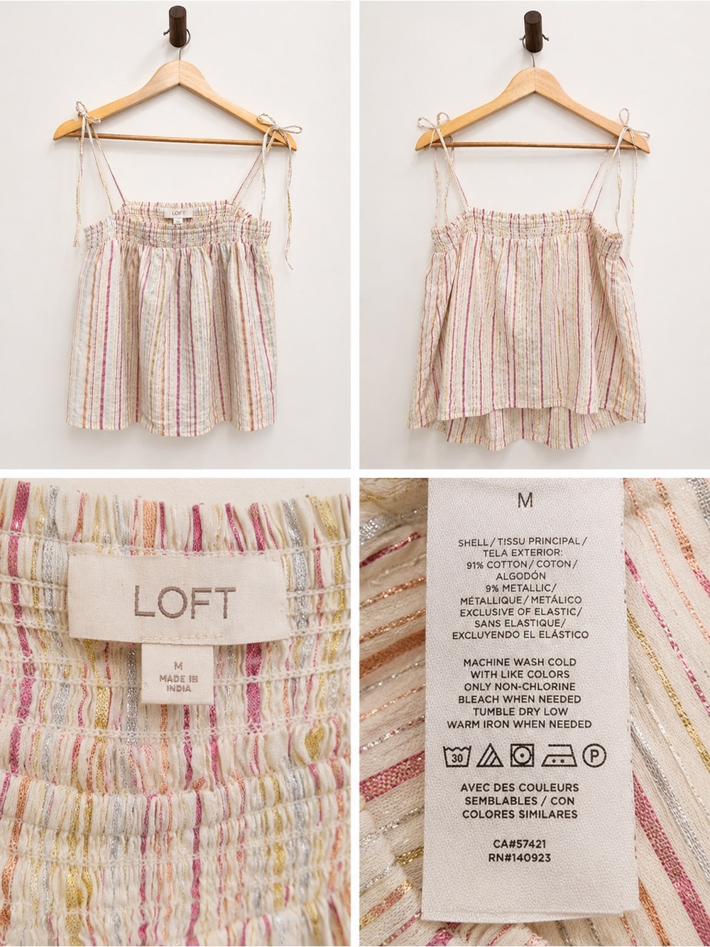 LOFT Cream Striped Metallic-Thread Smocked Tie-Shoulder Camisole